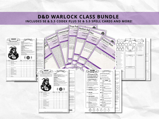 D&D Warlock Class Bundle: 5e, 5.5e Spell Cards, Cheat Sheet (Digital Download)