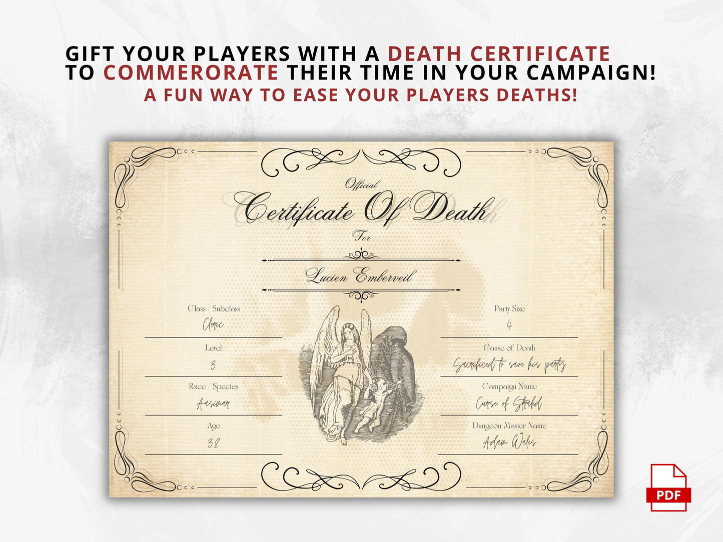 DnD Death Certificate, Printable TTRPG Character Sheet (PDF)