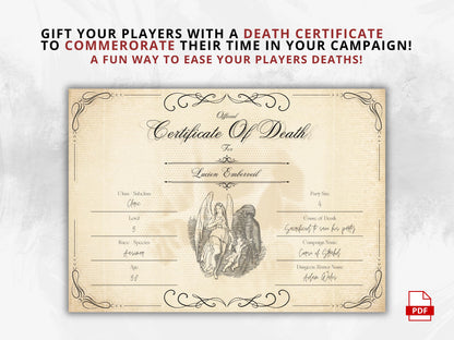 DnD Death Certificate, Printable TTRPG Character Sheet (PDF)
