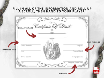 DnD Death Certificate, Printable TTRPG Character Sheet (PDF)