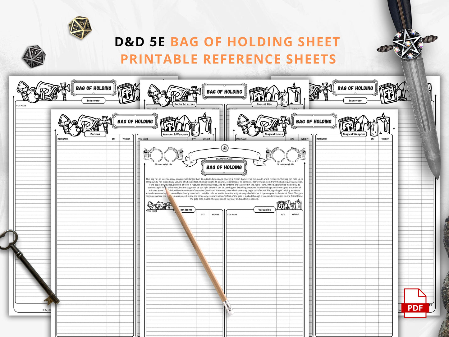 DnD Bag of Holding, D&D Inventory Management, Printable PDF, Compatible With Fifth Edition
