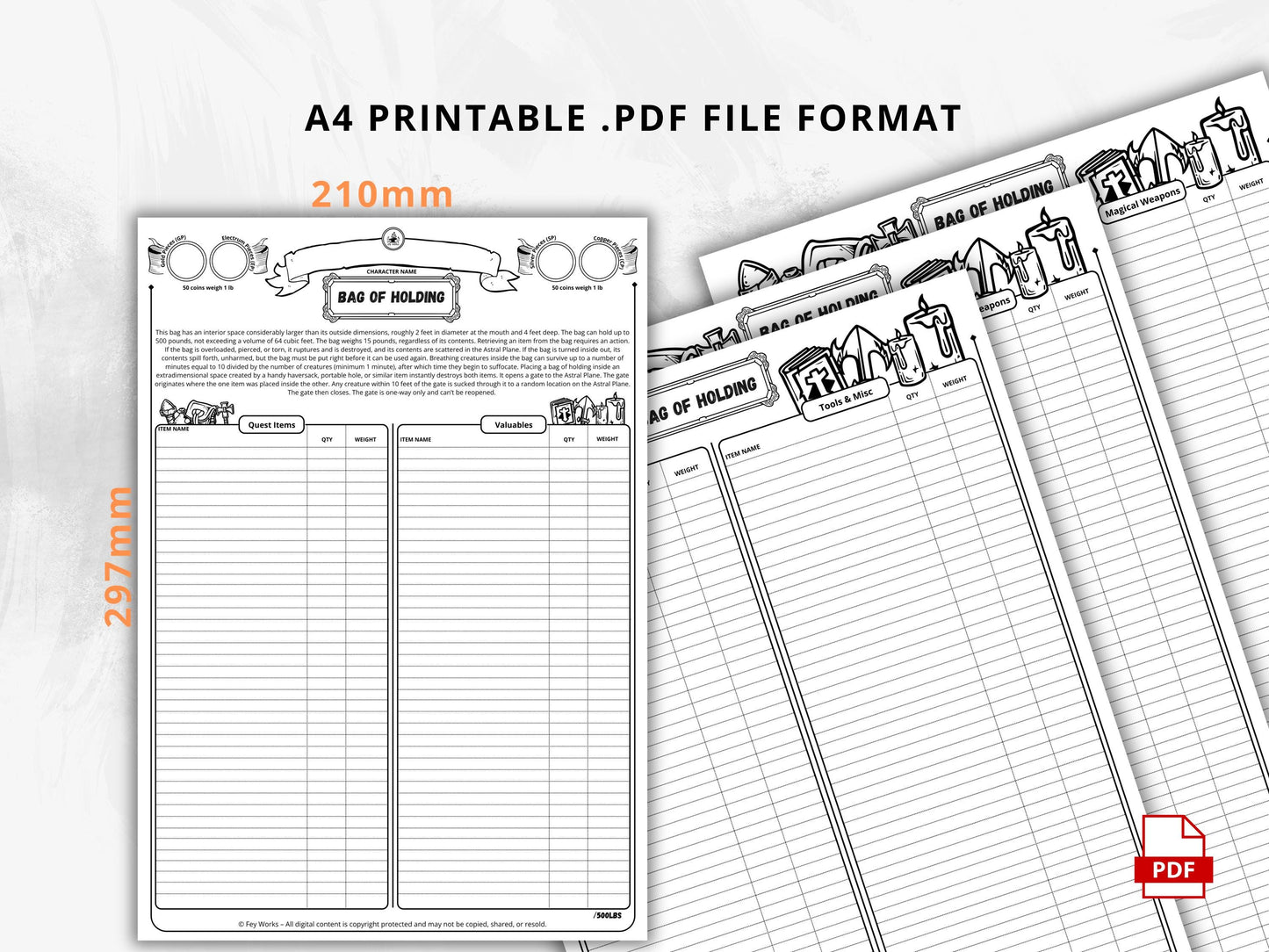 DnD Bag of Holding, D&D Inventory Management, Printable PDF, Compatible With Fifth Edition