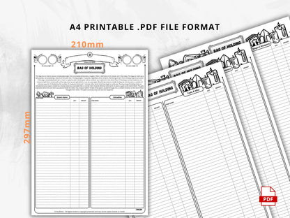 DnD Bag of Holding, D&D Inventory Management, Printable PDF, Compatible With Fifth Edition