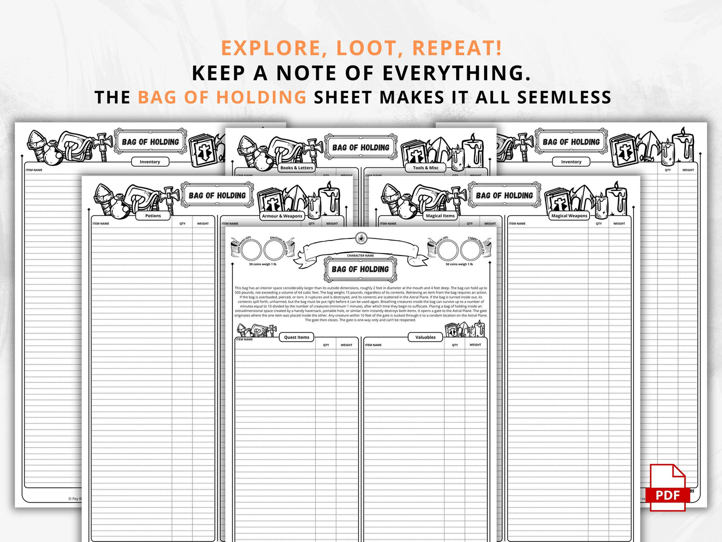 DnD Bag of Holding, D&D Inventory Management, Printable PDF, Compatible With Fifth Edition