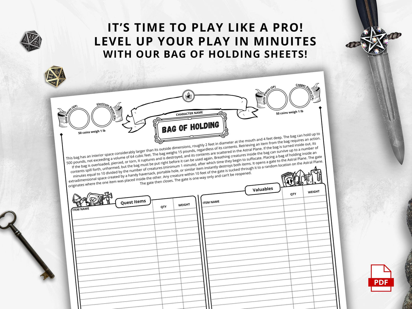 DnD Bag of Holding, D&D Inventory Management, Printable PDF, Compatible With Fifth Edition