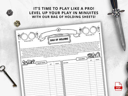 DnD Bag of Holding, D&D Inventory Management, Printable PDF, Compatible With Fifth Edition