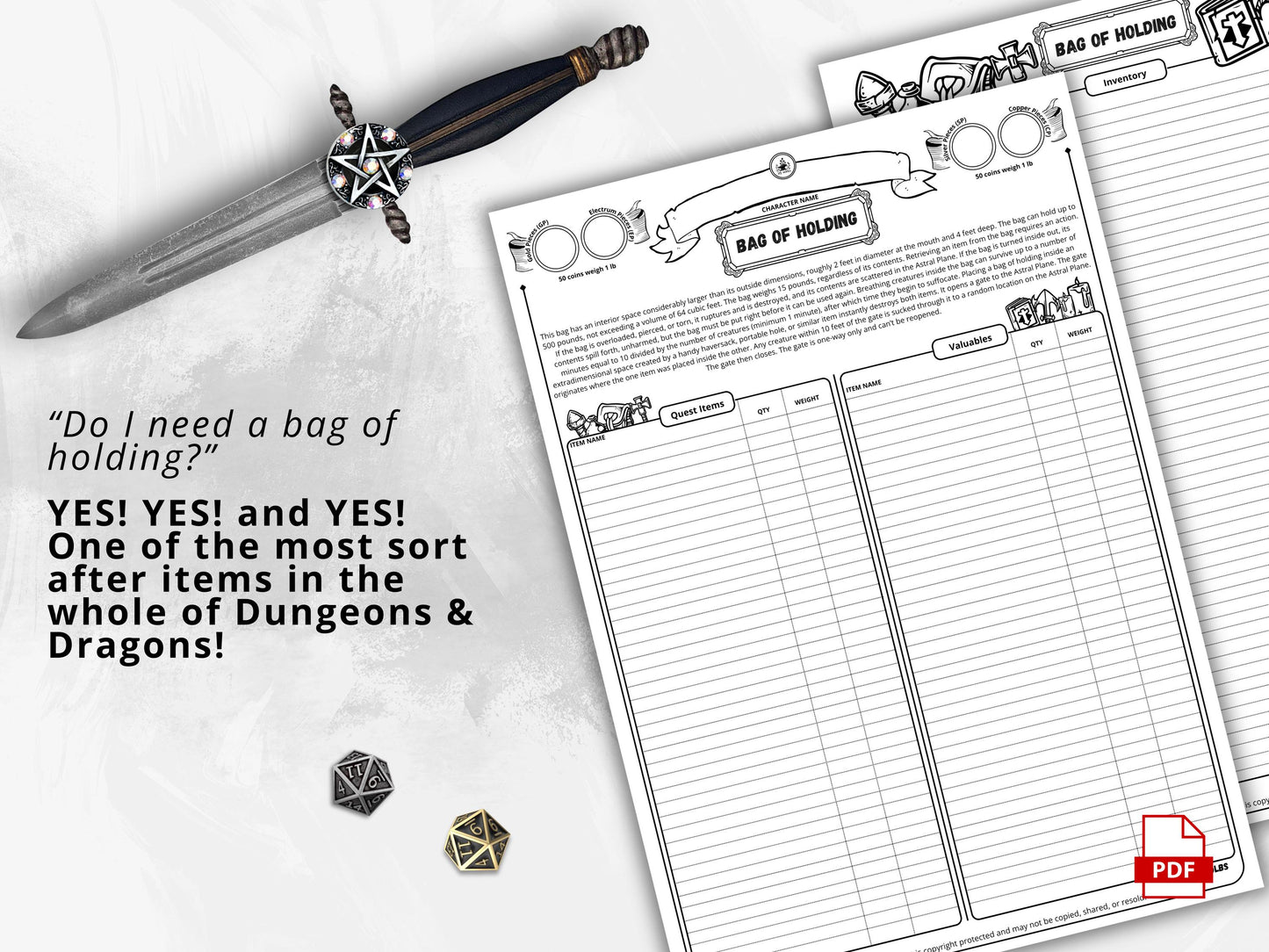 DnD Bag of Holding, D&D Inventory Management, Printable PDF, Compatible With Fifth Edition