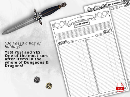 DnD Bag of Holding, D&D Inventory Management, Printable PDF, Compatible With Fifth Edition