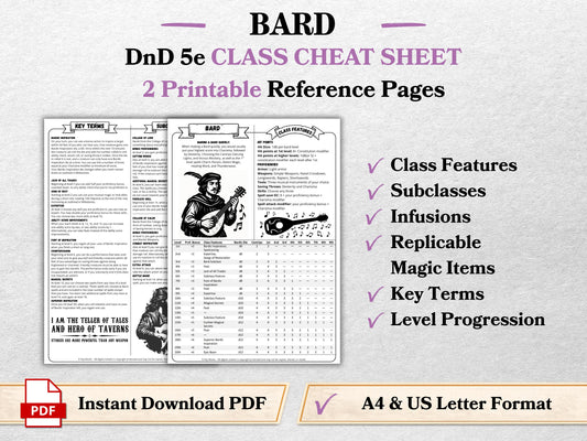 D&D 5e Bard Class Codex | Player Aid Cheat Sheet (PDF Download)