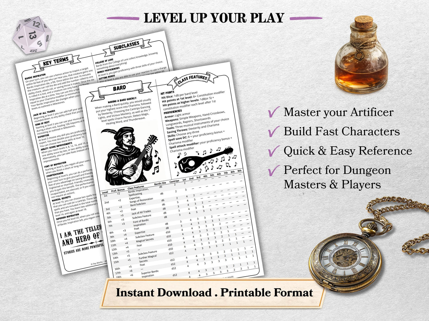 D&D 5e Bard Class Codex | Player Aid Cheat Sheet (PDF Download)
