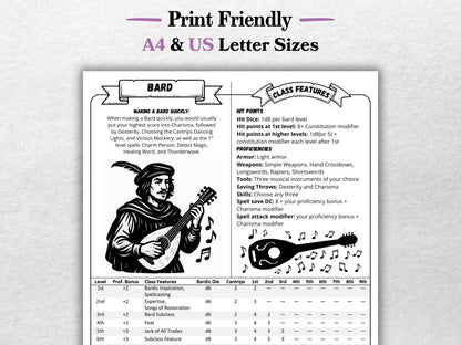 D&D 5e Bard Class Codex | Player Aid Cheat Sheet (PDF Download)