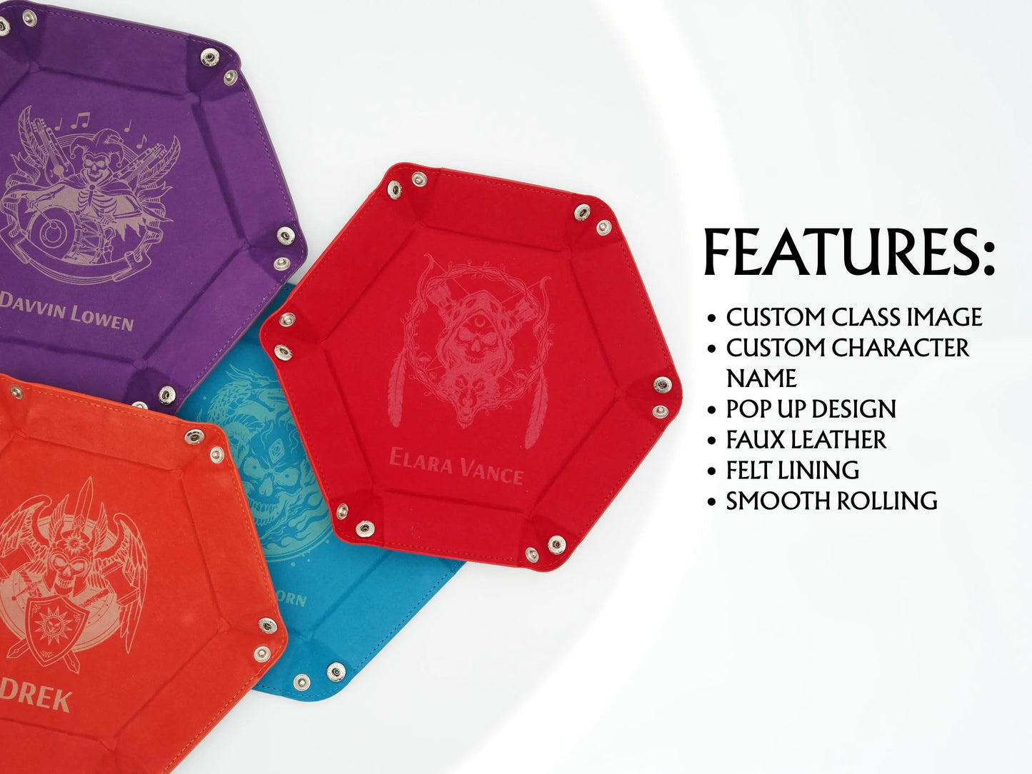 Four hexagonal pop-up character name plates in purple, red, blue, and orange, arranged on a white background with a text list detailing features on the right.