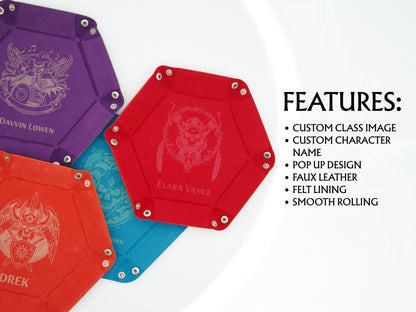 Four hexagonal pop-up character name plates in purple, red, blue, and orange, arranged on a white background with a text list detailing features on the right.