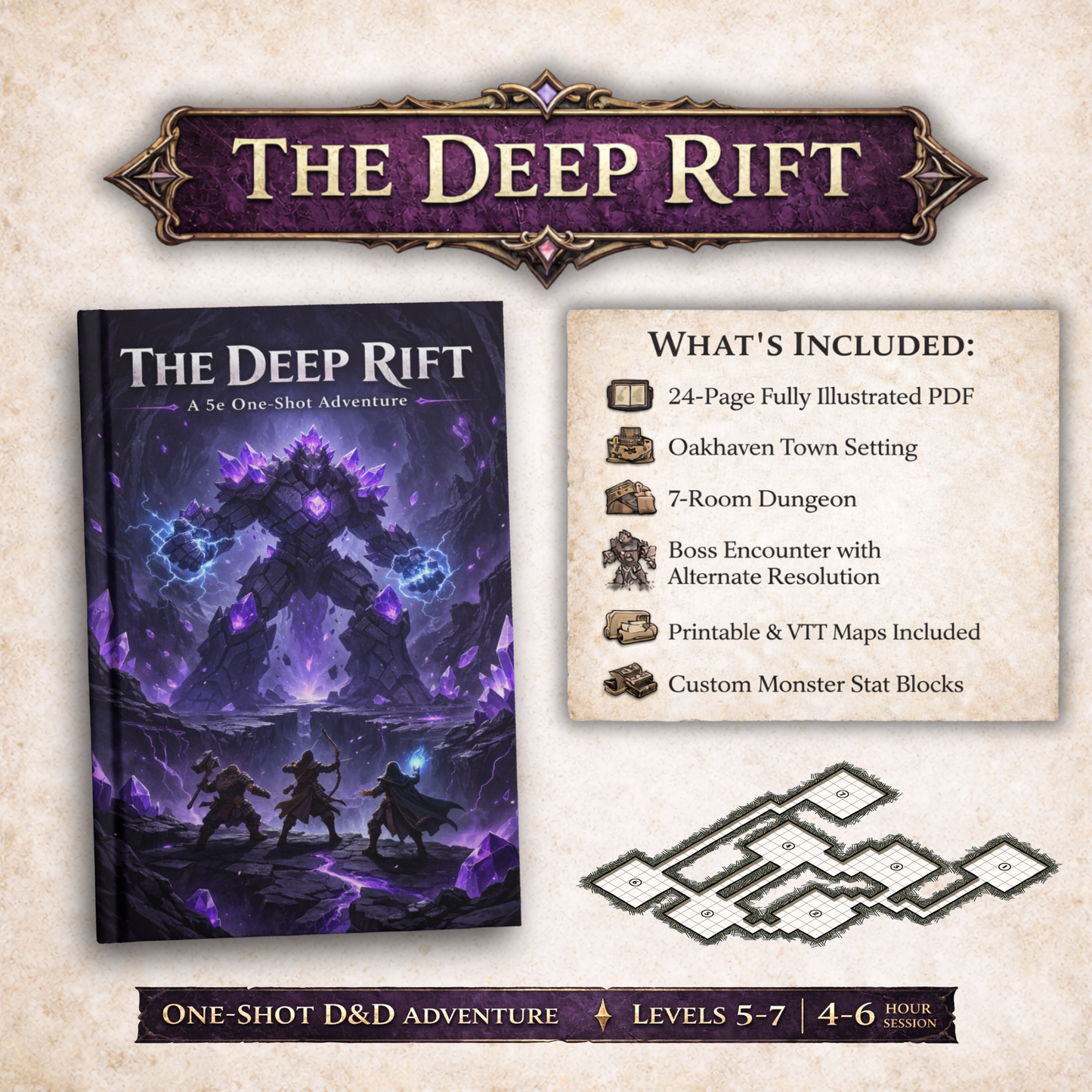 The Deep Rift – D&D 5e One-Shot Adventure (Level 5–7) | Printable & VTT Maps Included | FeyWorks