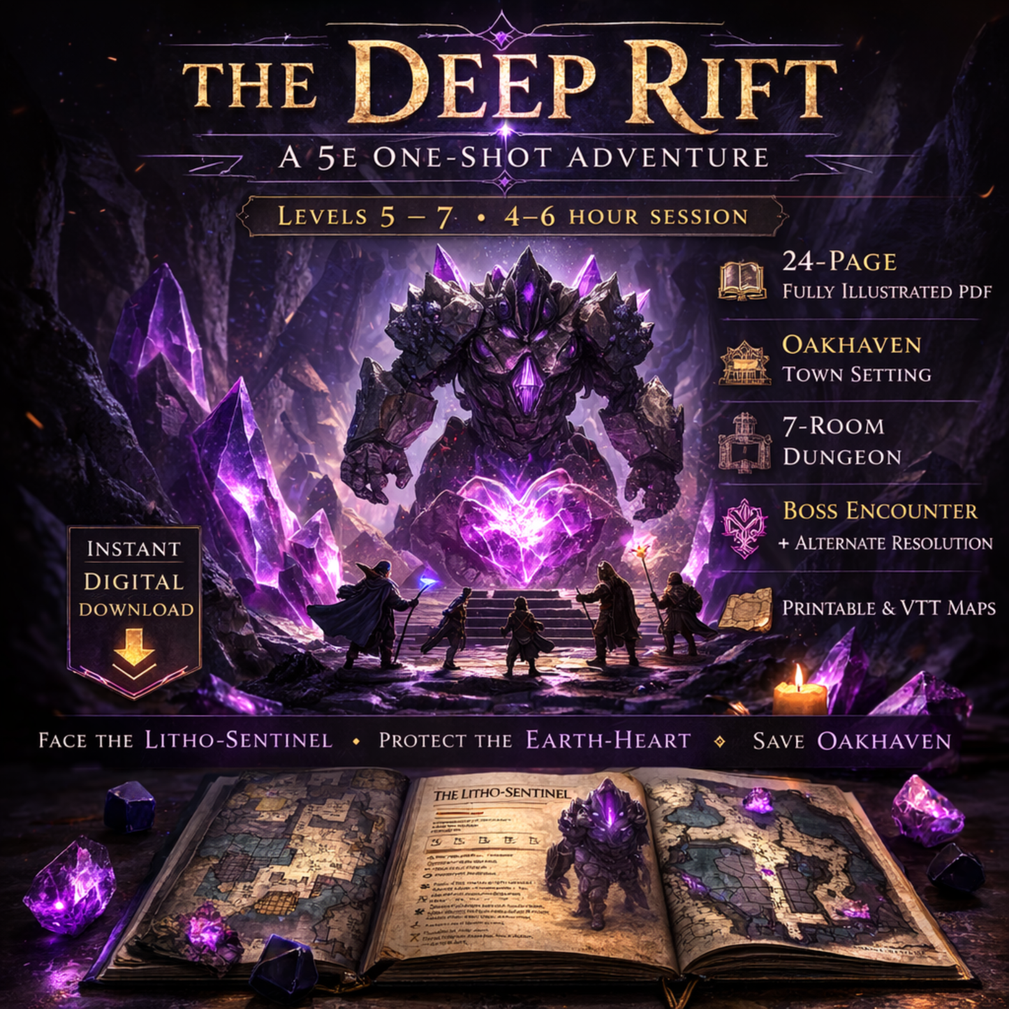 The Deep Rift – D&D 5e One-Shot Adventure (Level 5–7) | Printable & VTT Maps Included | FeyWorks